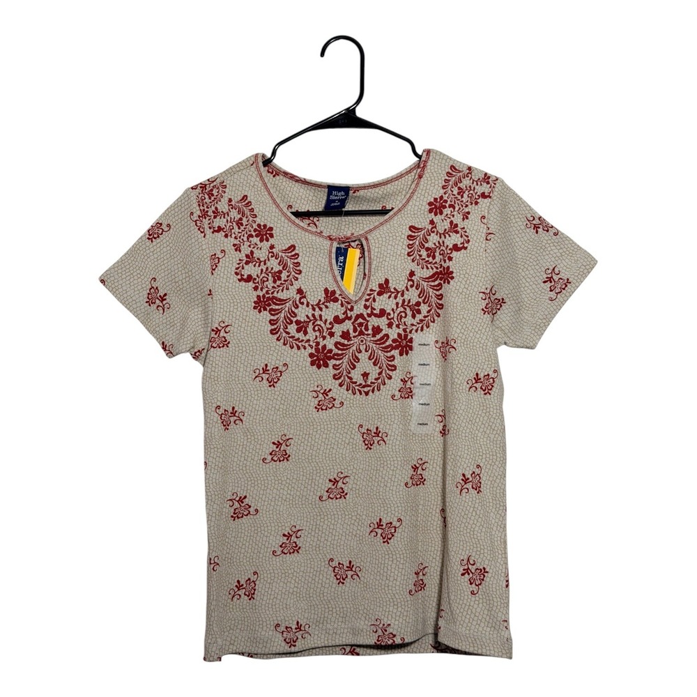 High Sierra Bohemian Floral Keyhole Neck Top Beige Red 100% Cotton Size M NWT